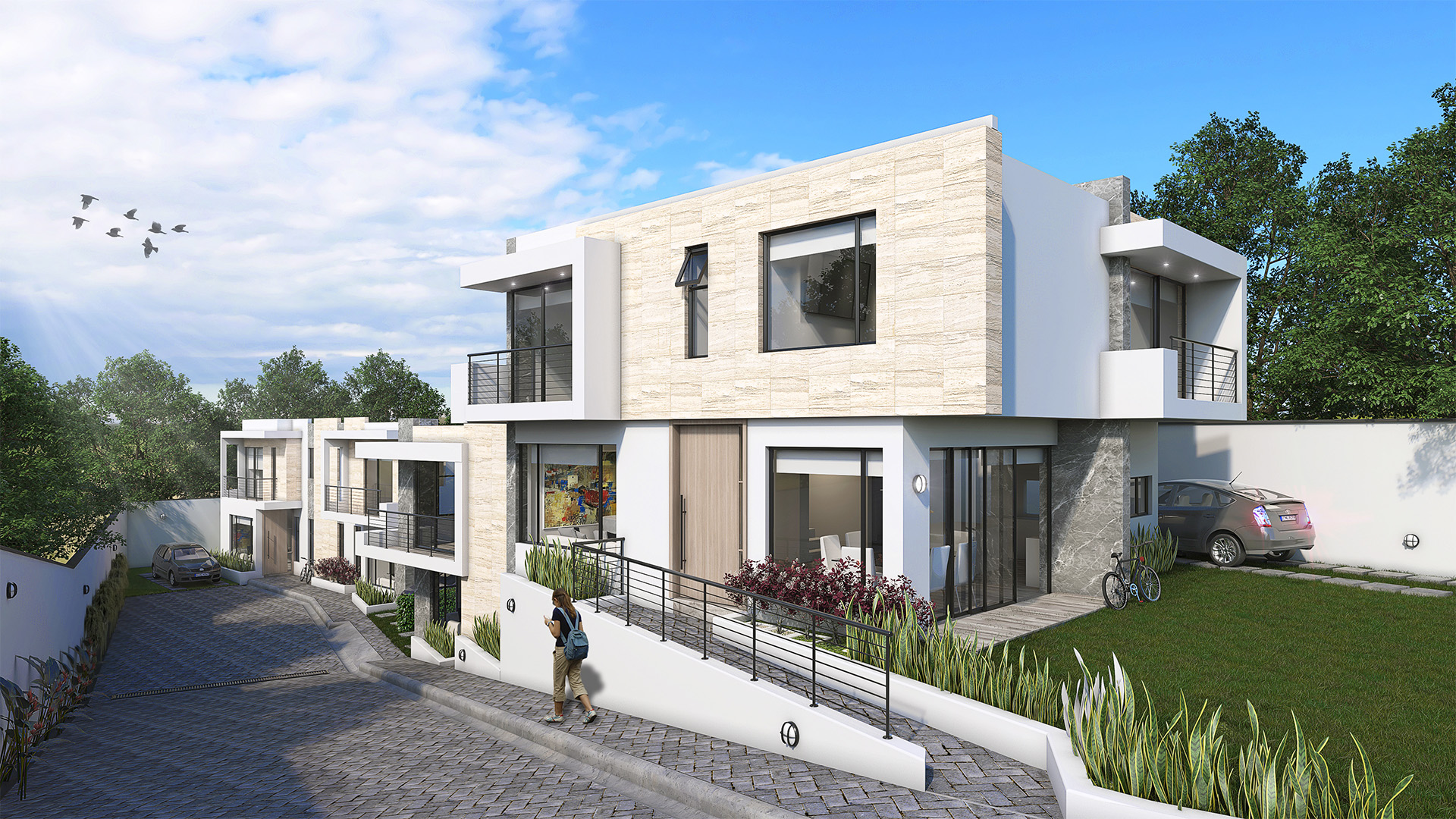 Casa del proyecto Natur de MCC Constructora con fachada blanca y piedra, rodeada de jardines