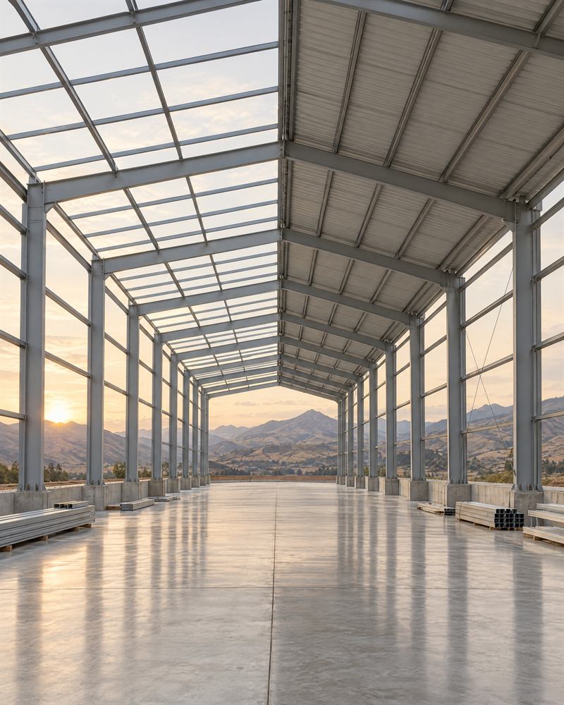 Galpón industrial con estructura metálica y piso de hormigón pulido al atardecer