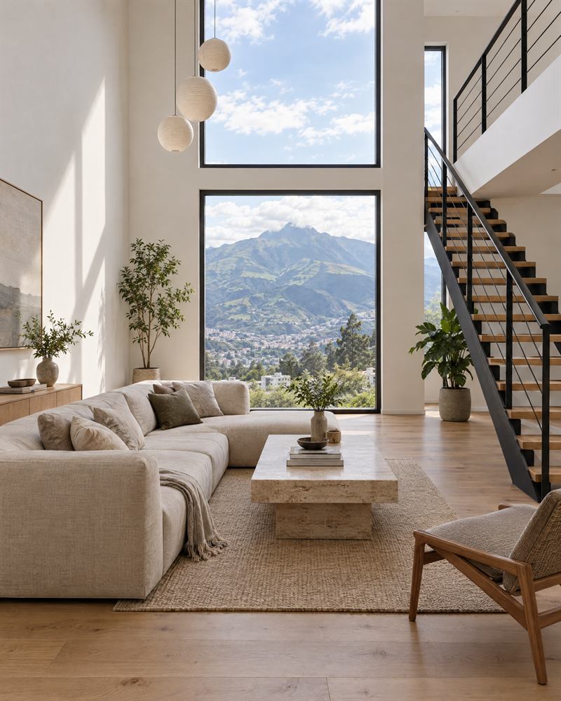 Sala de doble altura con paredes blancas, piso de madera y ventanal con vista a las montañas de Quito